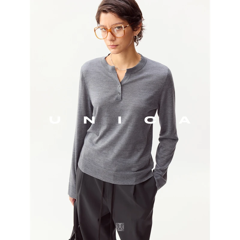 UNICA/松弛复古亨利领_超细桑蚕丝羊毛半开襟宽松舒适打底针织衫