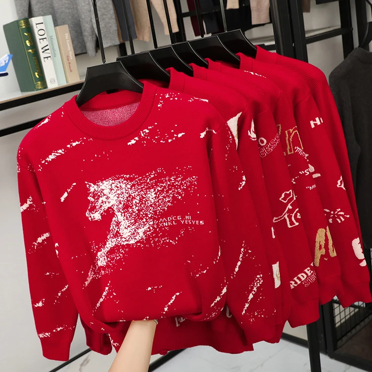 【阿拉善羊绒馆】【马上有钱系列】男士长袖情侣红色宽松加厚圆领马年