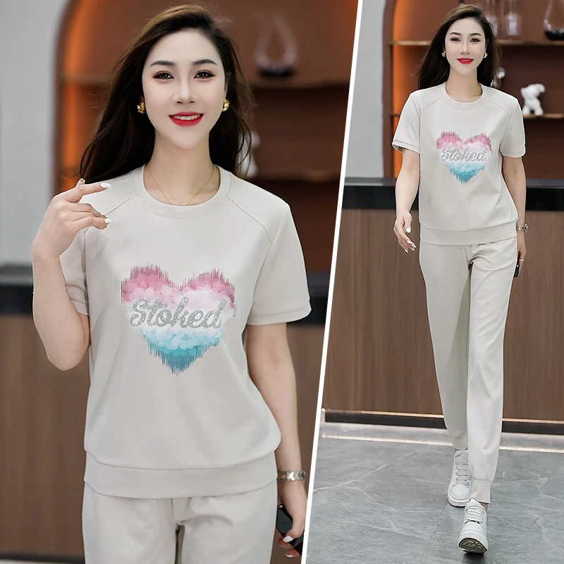 休闲运动套装休闲百搭韩版洋气时尚中年大码薄款显瘦圆领显瘦洋气