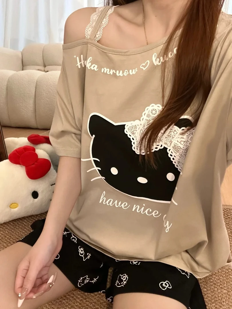 【蝴蝶结kitty】显瘦露肩纯欲风短袖睡衣女夏季新款套装大码家居服