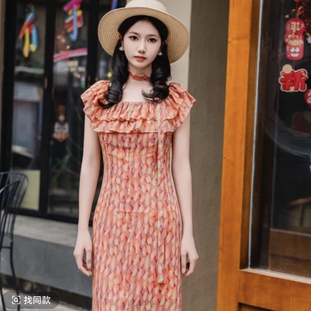 GIRDEAR/哥弟碎花长款开叉气质收腰显瘦轻奢修身连衣裙150025