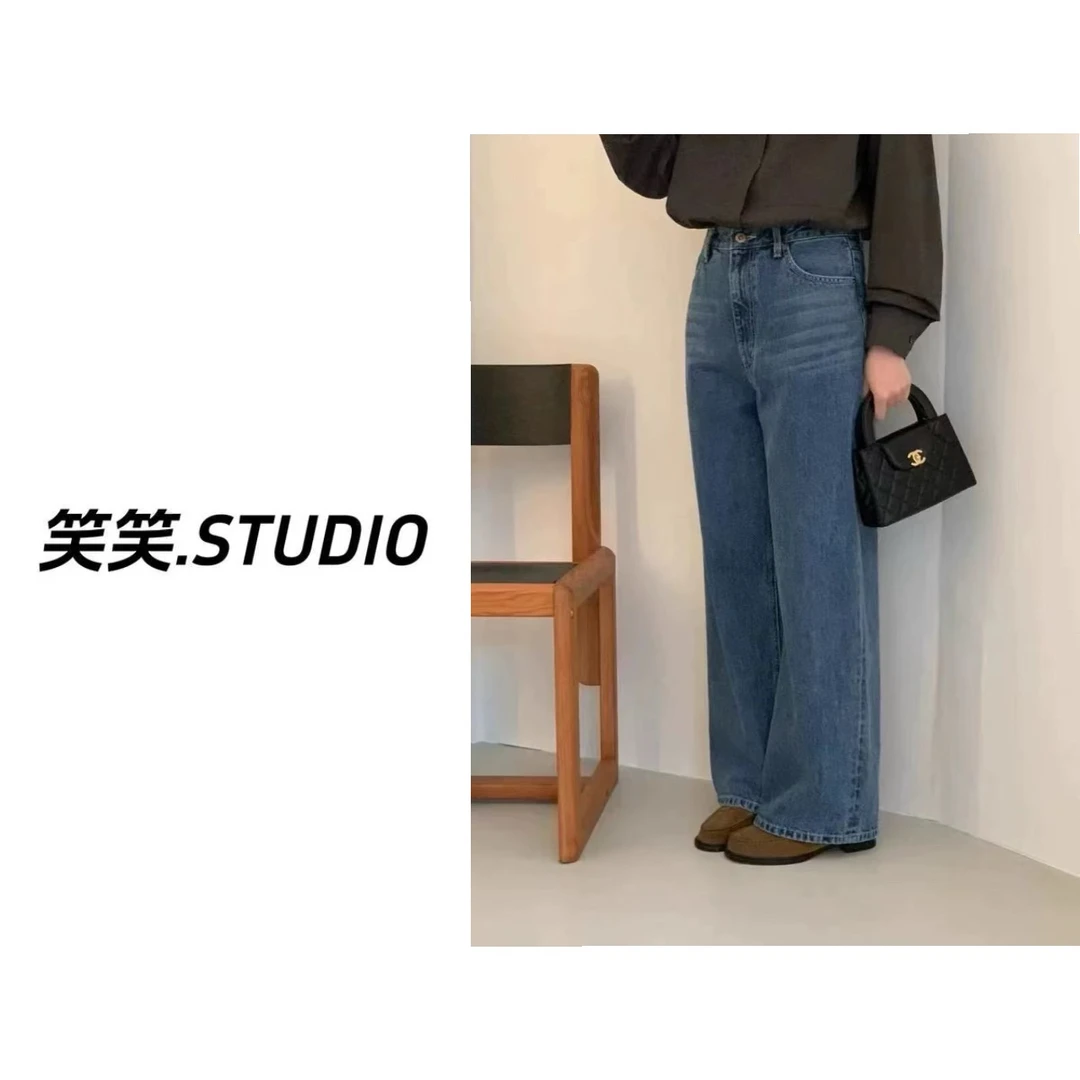 笑笑-【蛋蓝牛】韩系设计感刺绣高腰阔腿牛仔裤休闲显瘦加绒牛仔