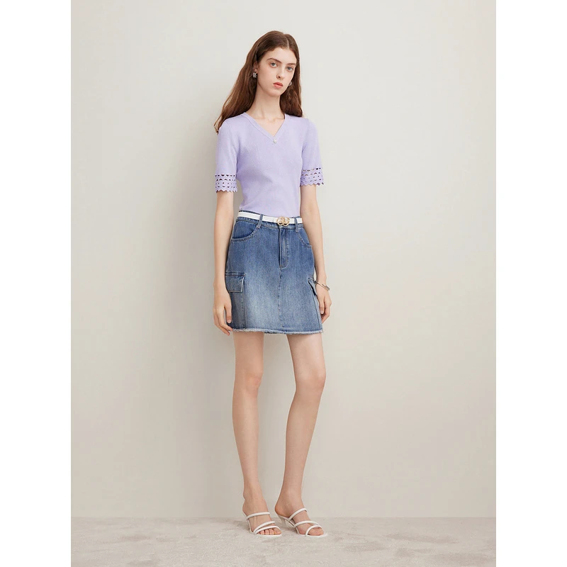 Goodland美地2024夏季V领镂空袖毛针织衫烟灰紫上衣LC34206630