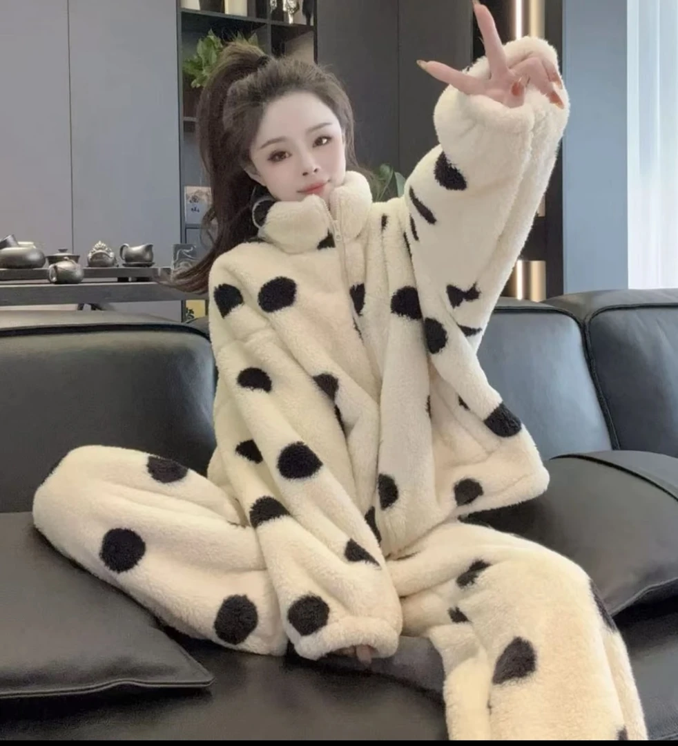 网红款立领宽松睡衣冬季家居服套装加厚毛绒加绒韩版秋冬季时尚