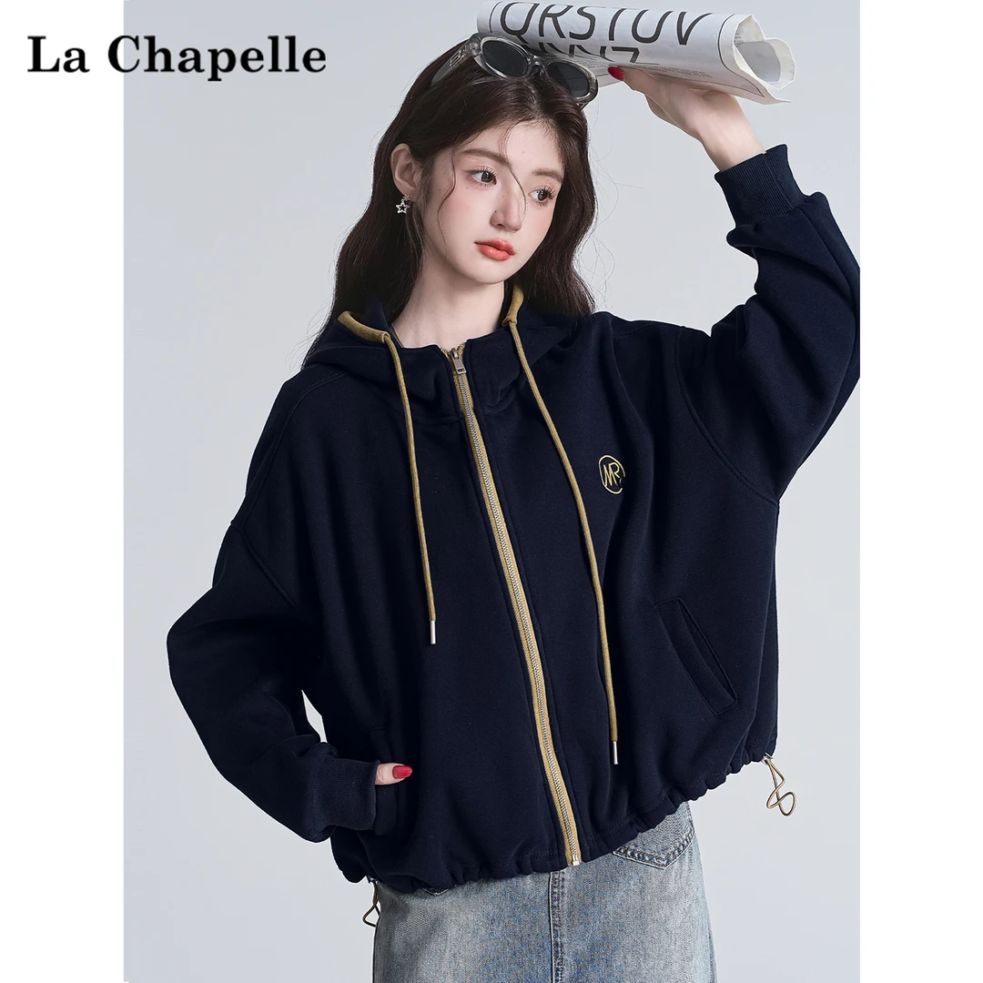 拉夏贝尔藏青色短款开衫连帽卫衣女冬加绒加厚保暖宽松外套上衣潮