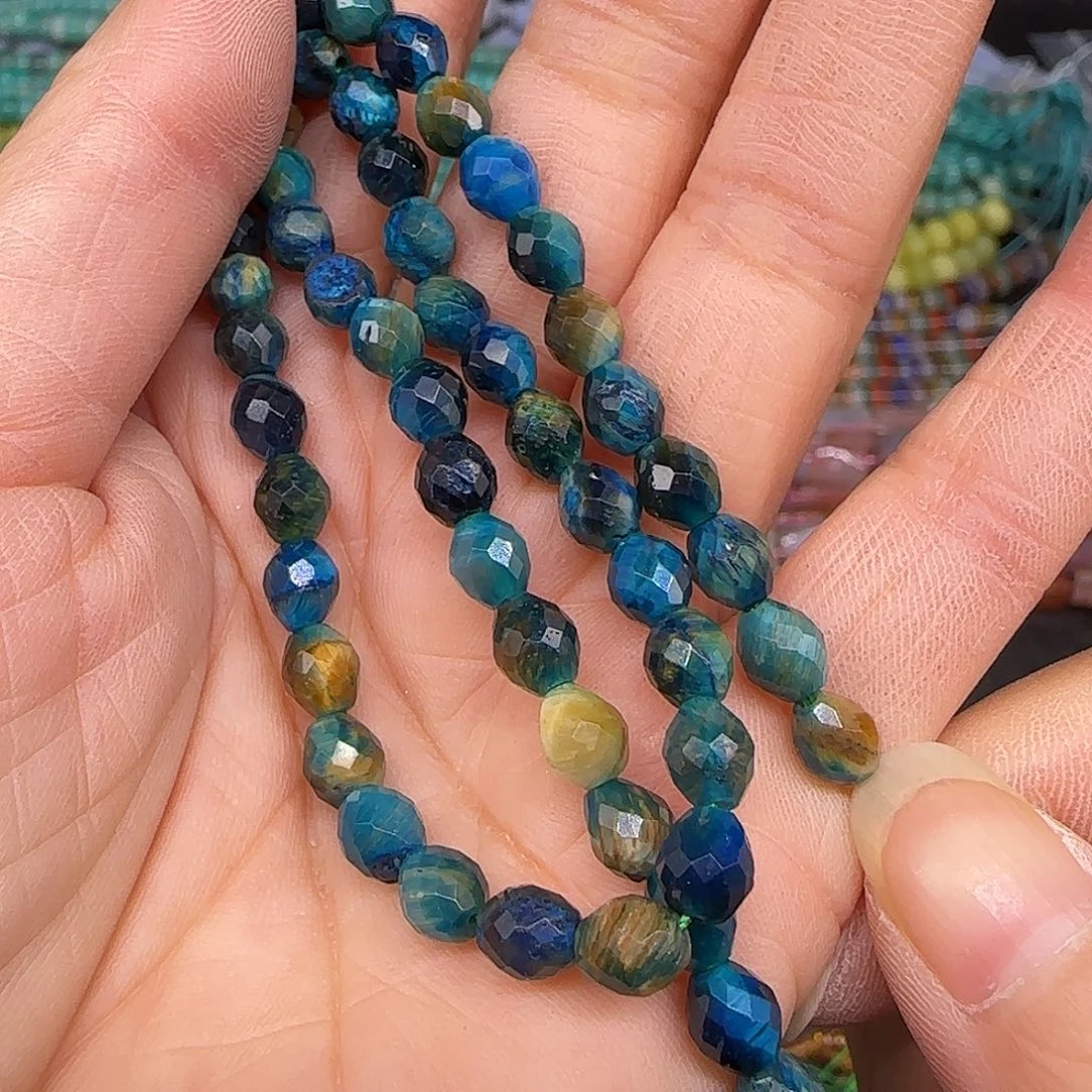 玛瑙/玉髓合金珠宝半成品金蓝虎眼枣珠切面一条5-6mm