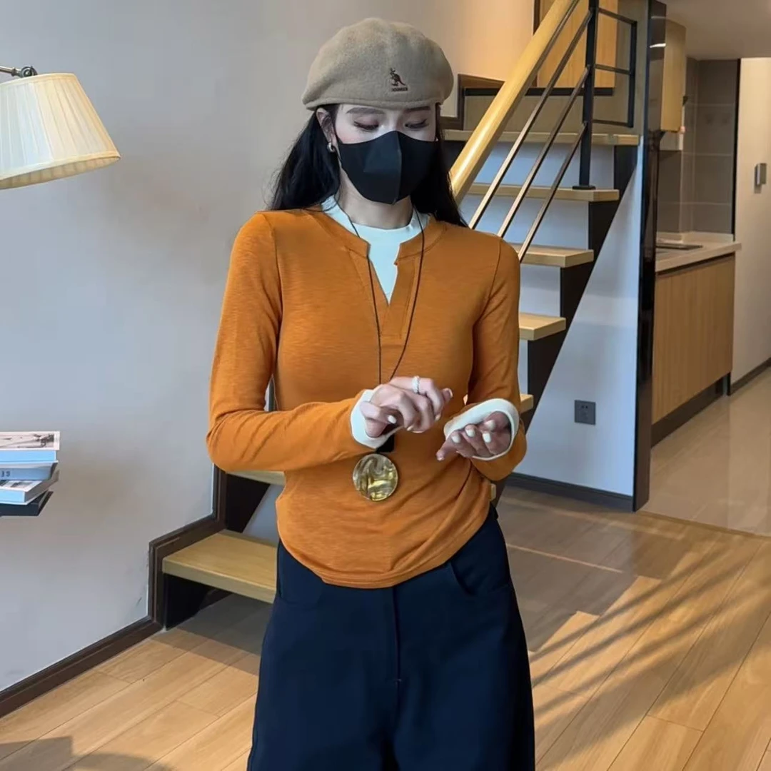 小个子定制秋季显瘦V领拼接女修身假两件长袖内搭打底衫针织