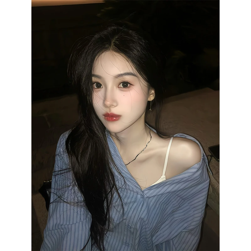 2025新款女士夏季蓝色条纹度假休闲长袖衬衫慵懒风宽松设计感上衣