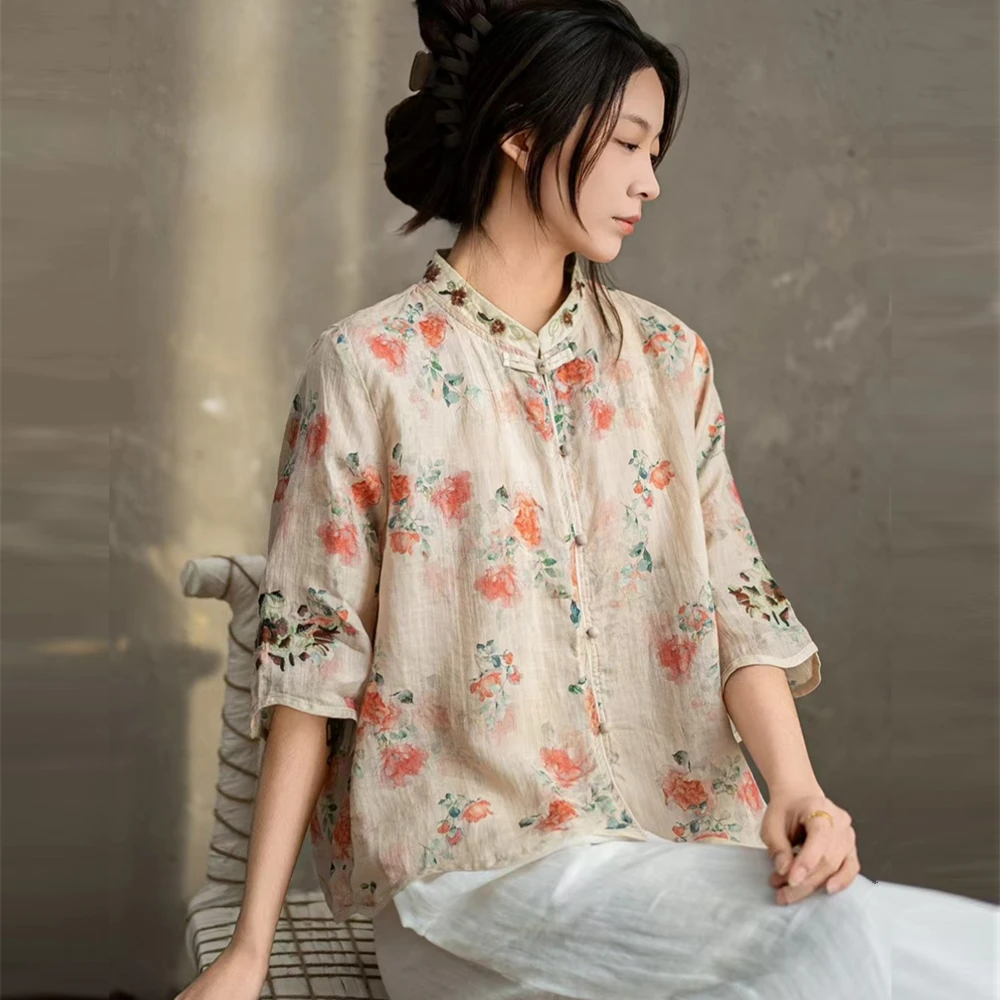 8006苎麻衬衫女2025春夏新款百搭宽松显瘦上衣休闲复古绣花小衫女