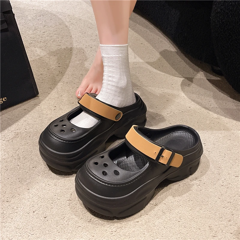 厚底洞洞鞋女夏季2025新款外穿玛丽珍防滑海边沙滩凉鞋包头半拖鞋