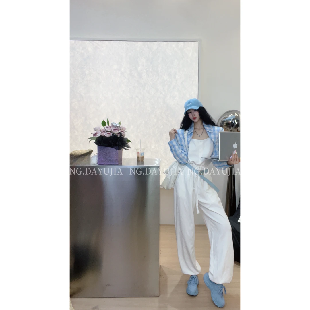 NG DAYUNO退NO换自制防晒蓝白格短外套/白色连体背带裤韩女松弛感