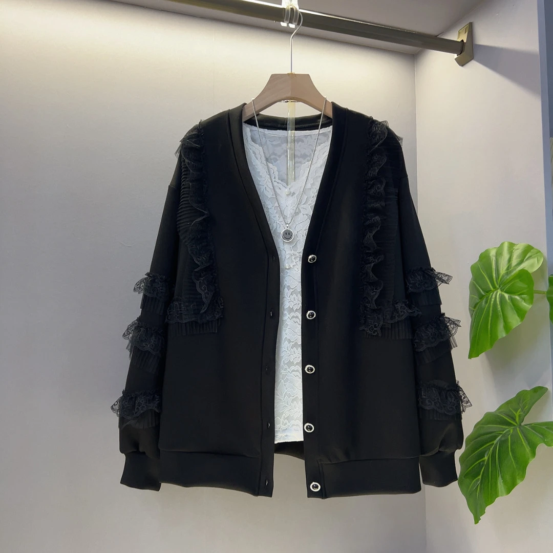 蕾丝拼接棒球服外套中长款宽松休闲外套