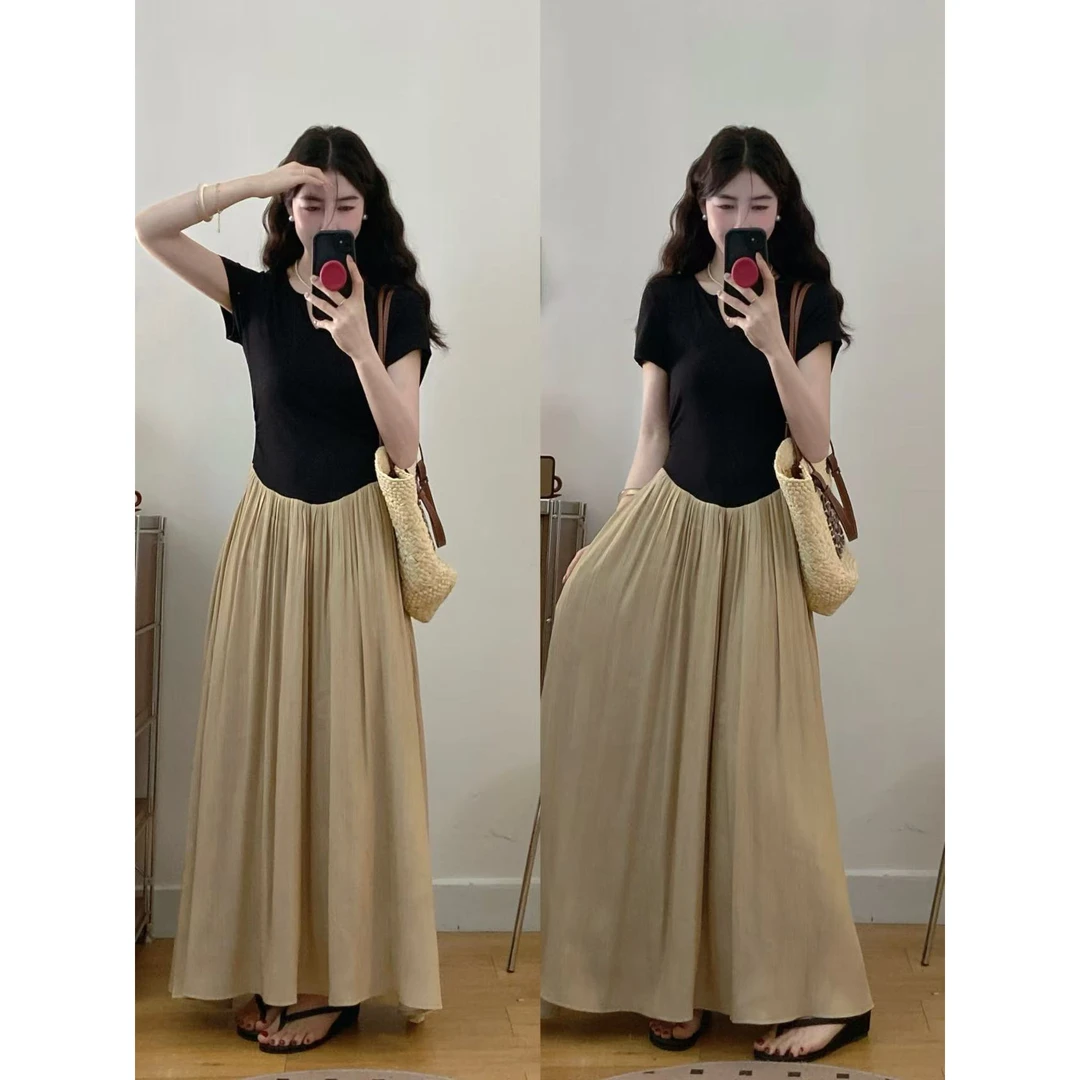 大码假两件连衣裙女2025夏新款收腰显瘦气质拼接长裙子