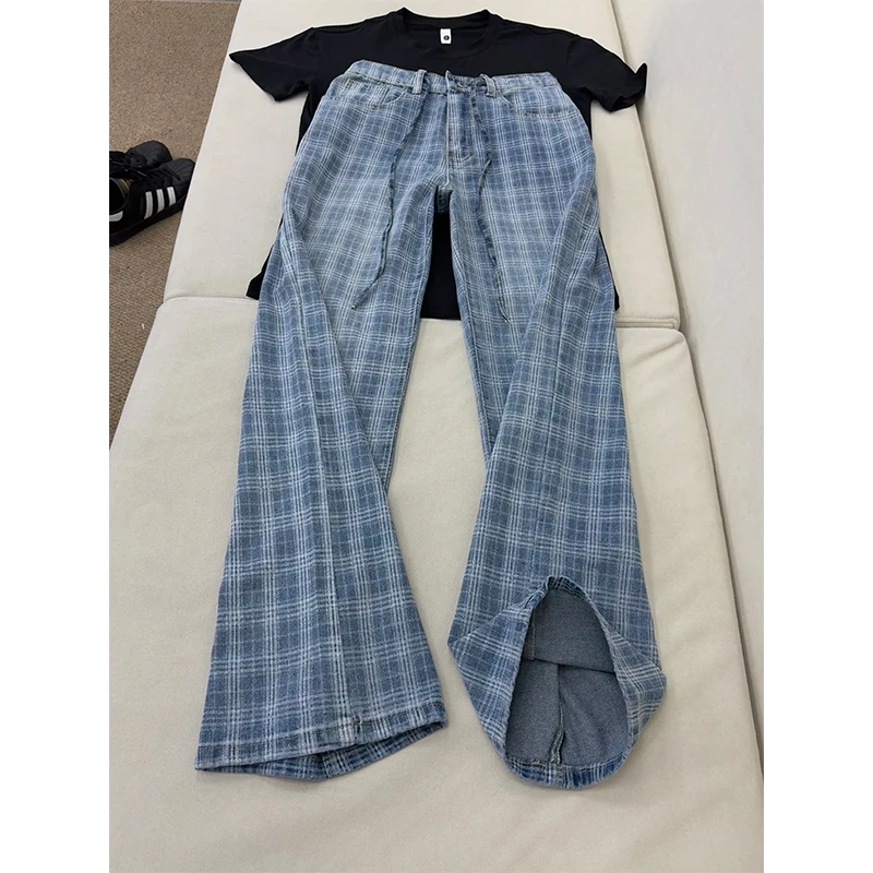 蓝色格子牛仔裤男款美式复古水洗抽绳裤子直筒宽松阔腿微喇叭长裤