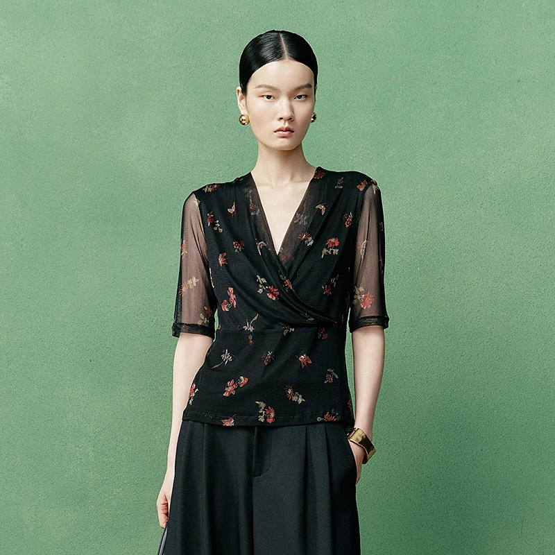 生活在左印花交襟领真丝衫2025早秋新款国风优雅气质针织上衣女