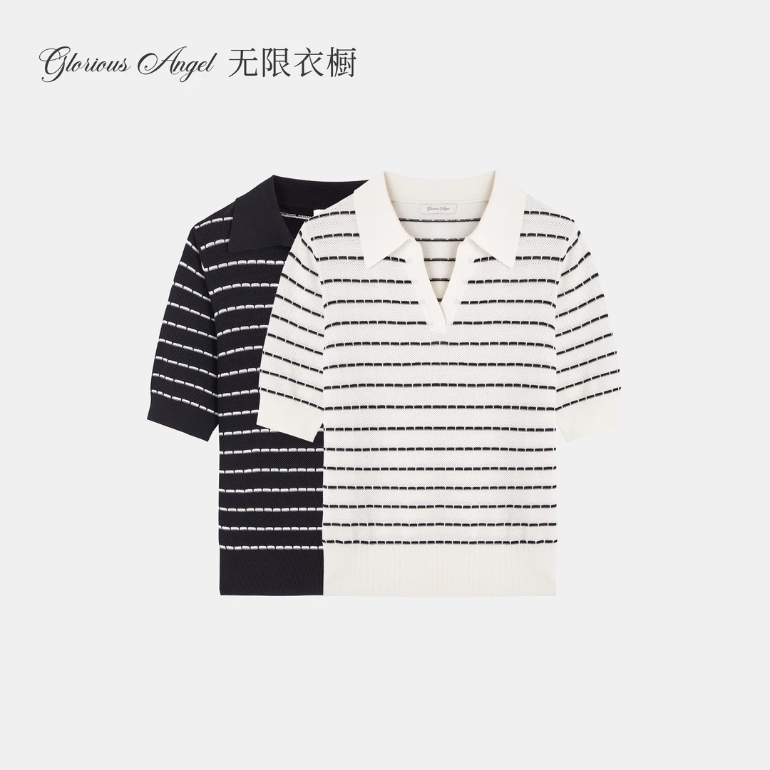 GA 冰沙条纹 丝绵混纺 超显瘦条纹polo上衣T恤短袖