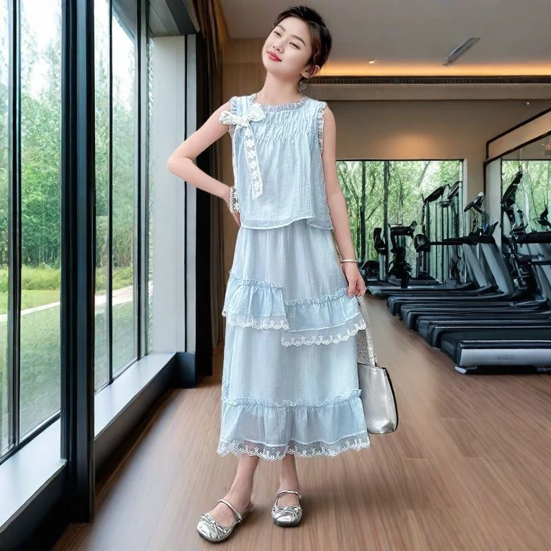 女童连衣裙夏季2025新款洋气儿童夏装套装大童女孩公主裙子两件套