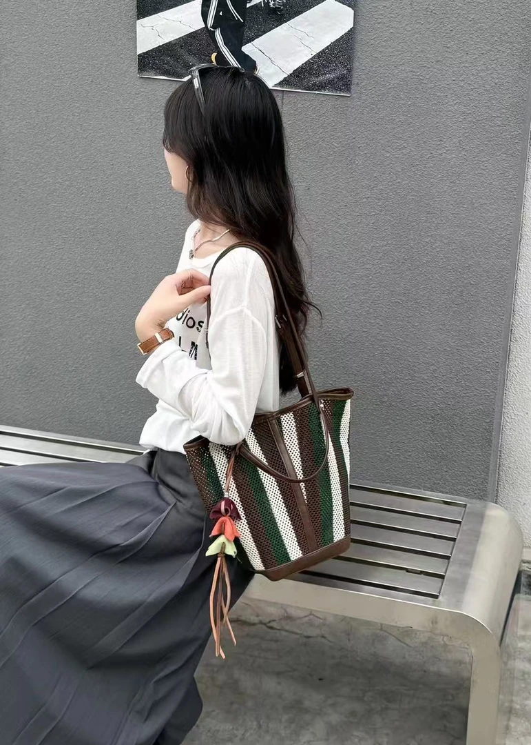 2510#绿棕条【尺寸：长35宽18高26】潮流轻奢百搭时尚女士单肩包