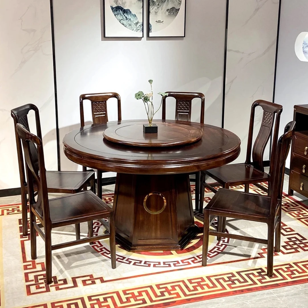 新中式乌金木实木餐桌圆形现代简约轻奢高级感客厅圆桌家用