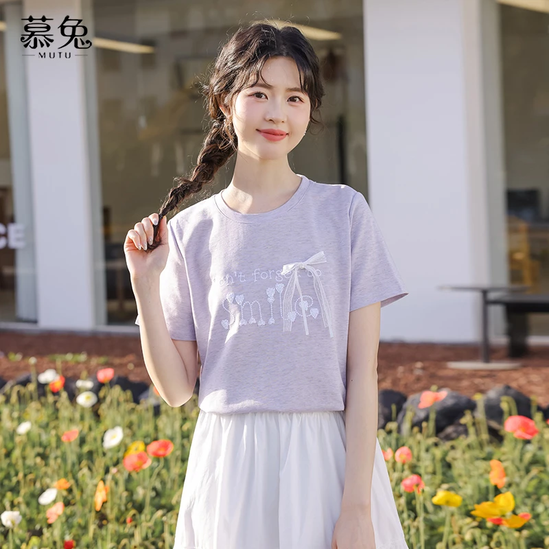 慕兔法式立体蝴蝶结短袖t恤女2025夏季新款小个子设计感小众上衣