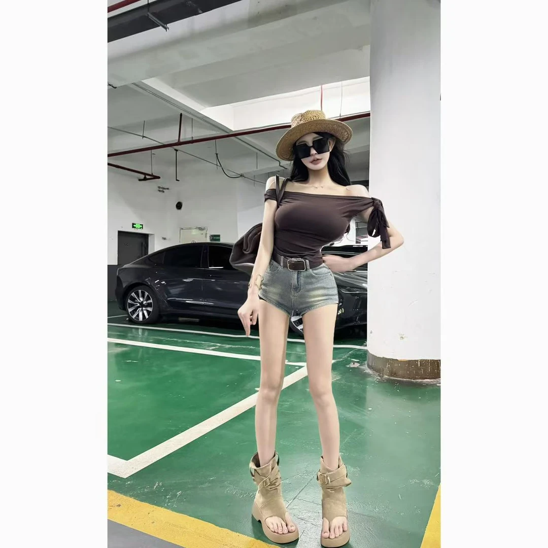 AL SHOP【风情万种】韩系蝴蝶结绑带斜肩T夏季纯欲辣妹修身显瘦上衣