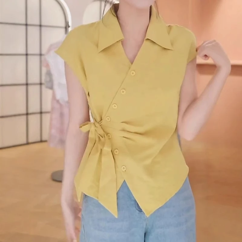 高级感绑带收腰短袖衬衫夏季薄款胖MM大码女装遮肚显瘦不规则上衣