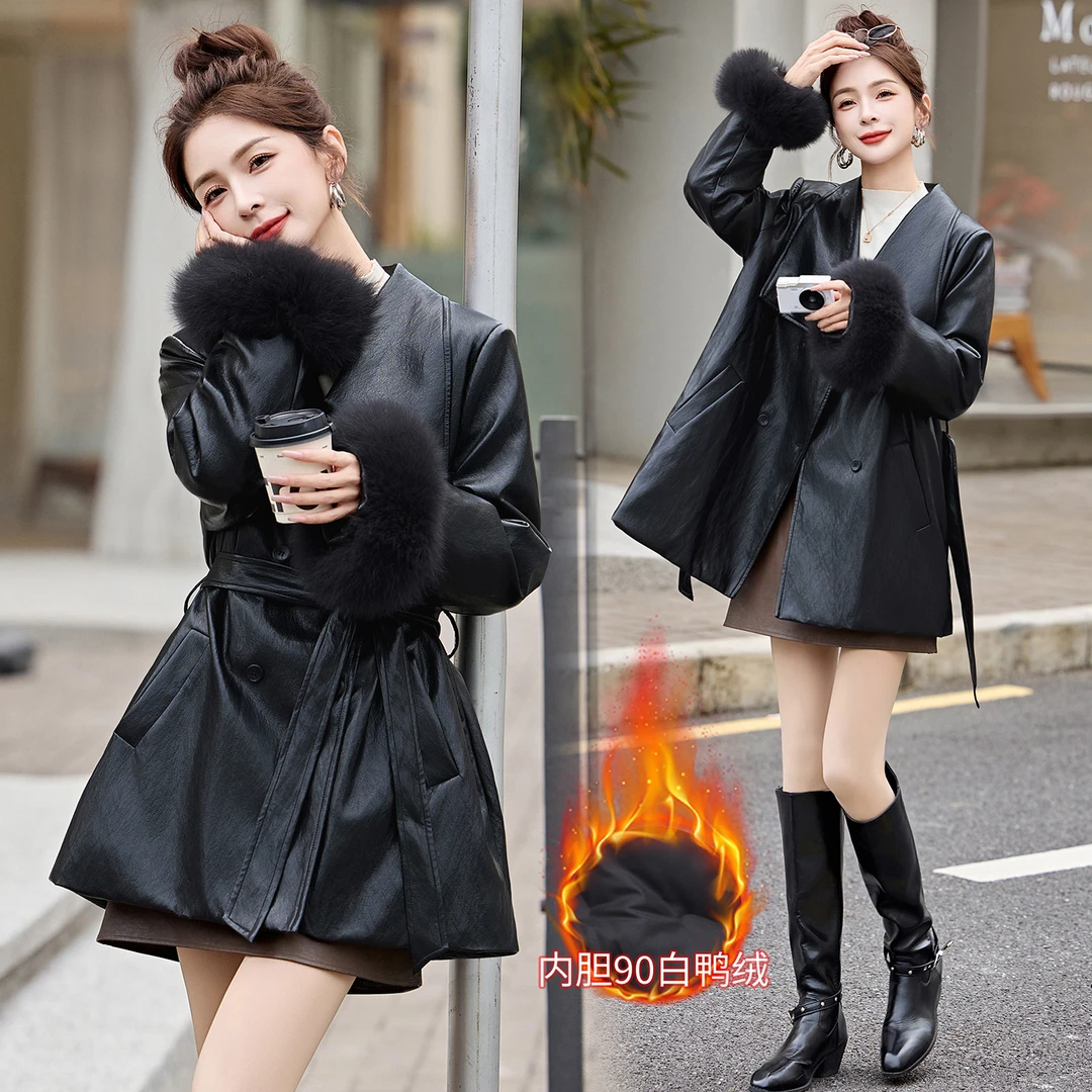 翻领保暖狐狸毛袖子显瘦白鸭绒羽绒服外套2025秋冬新款中长款皮衣