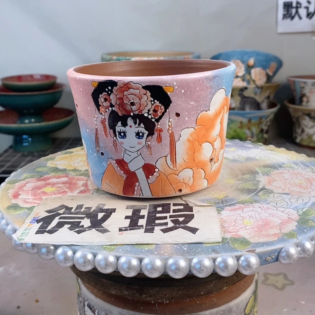 紫砂花盆红陶手绘花盆