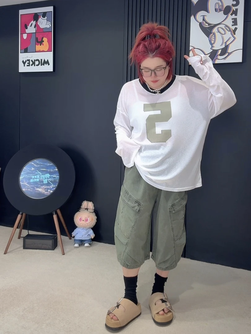 【涵涵家】夏季印花可斜肩防晒罩衫搭配工装牛仔中裤套装