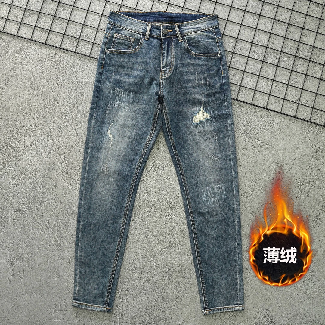 破洞补丁牛仔裤男款秋季新款韩版潮牌九分修身小直筒百搭休闲长裤