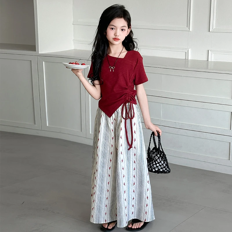 女童夏季裙裤套装2025新款女大童时尚红色不规则上衣儿童宽松长裤