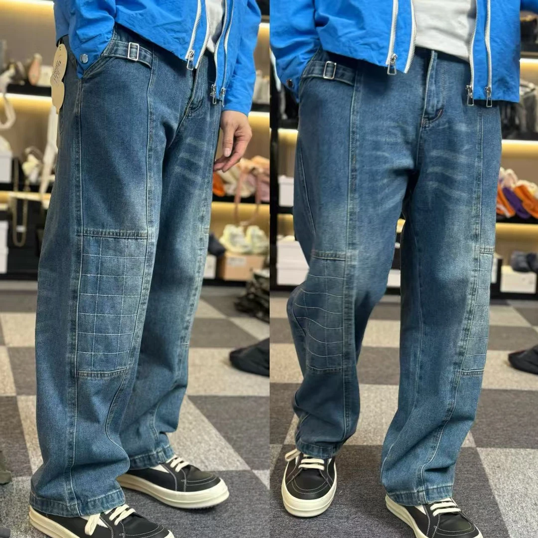 28137-春秋冬三季潮流新款休闲阔腿拉链牛仔裤复古美式宽松