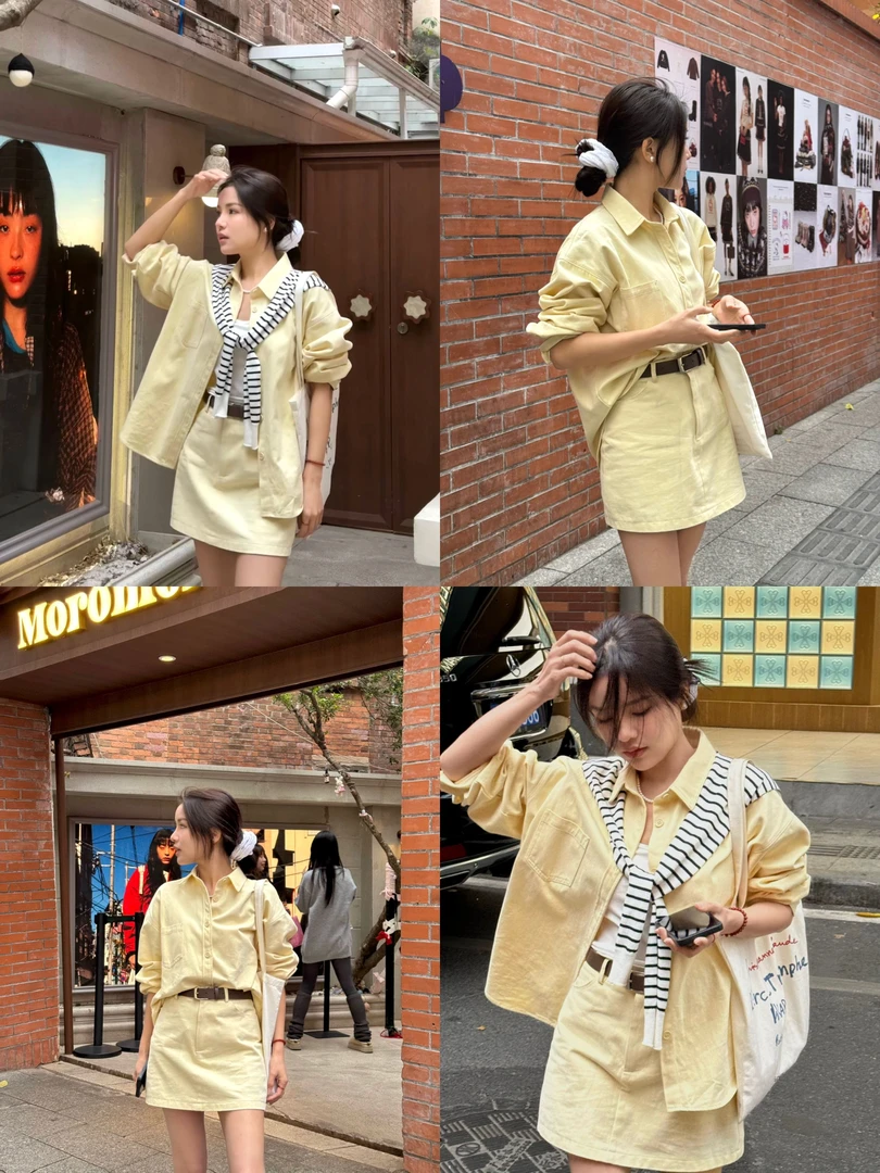 SUAN 秋款黄色长袖半身短裙两件套8218