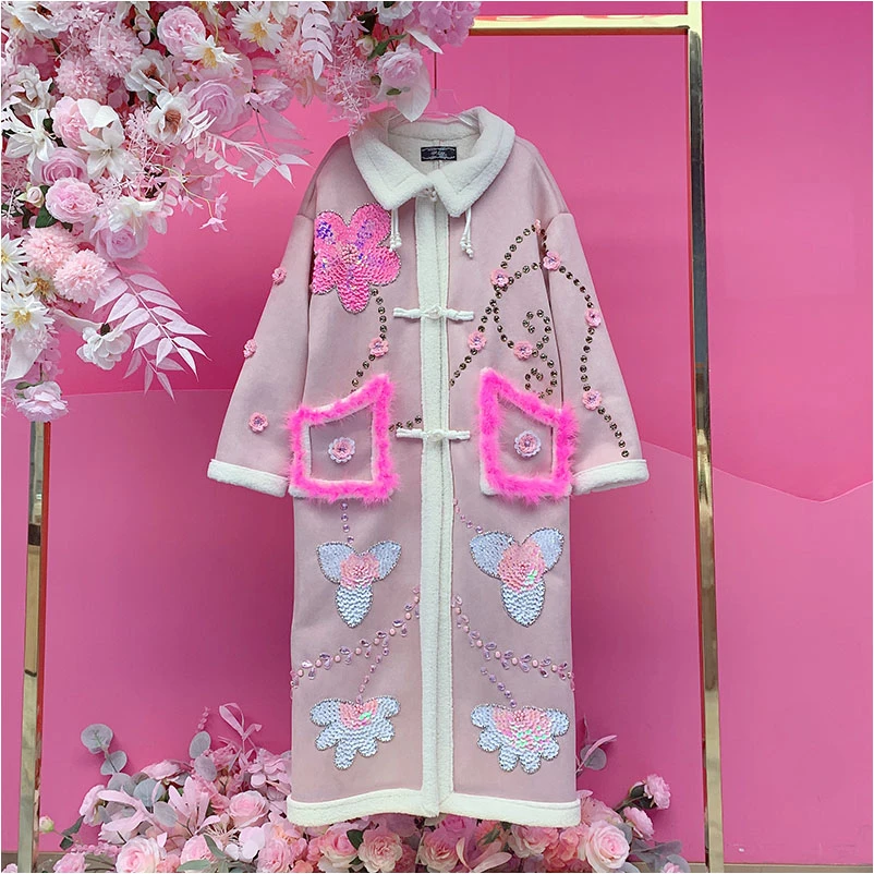 A4710欧美设计师2025冬季新款重工钉珠刺绣亮片花朵休闲宽松外套