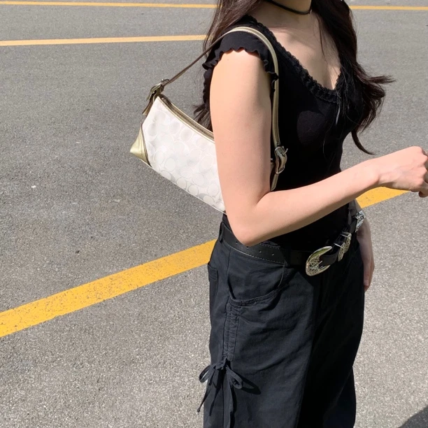 95新 COACH/蔻驰 coach白色老花帆布拼皮法棍包腋下包单肩包hd