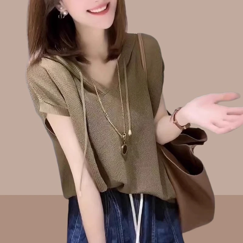 连帽短袖冰丝针织女上衣2025夏装宽松大码薄款时尚爆款女装体恤衫