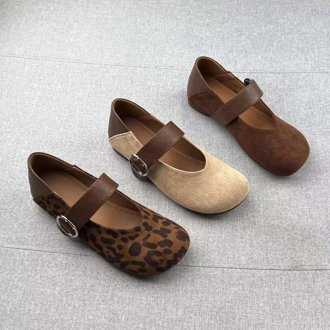 时尚绒面一字式扣带浅口圆头低跟玛丽珍鞋豹纹2025年秋新款单鞋女