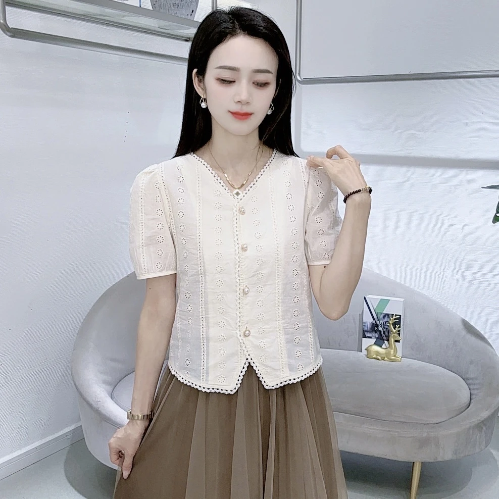 A8329法式V领短袖衬衫女夏季新款时尚百搭气质显瘦小衫上衣