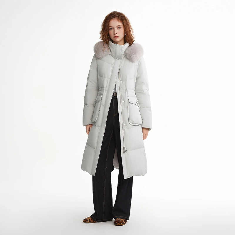 独束大码女装【雪顶羽绒】狐狸毛连帽中长款羽绒服外套25DS84019