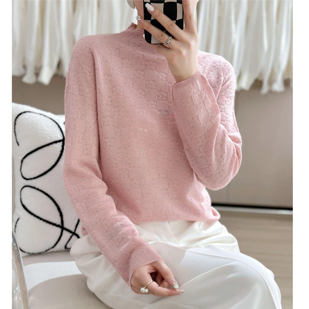 （超细精纺羊毛）新春半高领烫钻提花针织衫气质百搭打底上衣1602