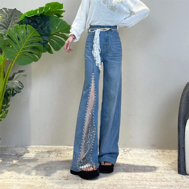 迪否蕾丝拼接烫钻牛仔裤女夏薄款2025新款时尚窄版直筒阔腿裤6113