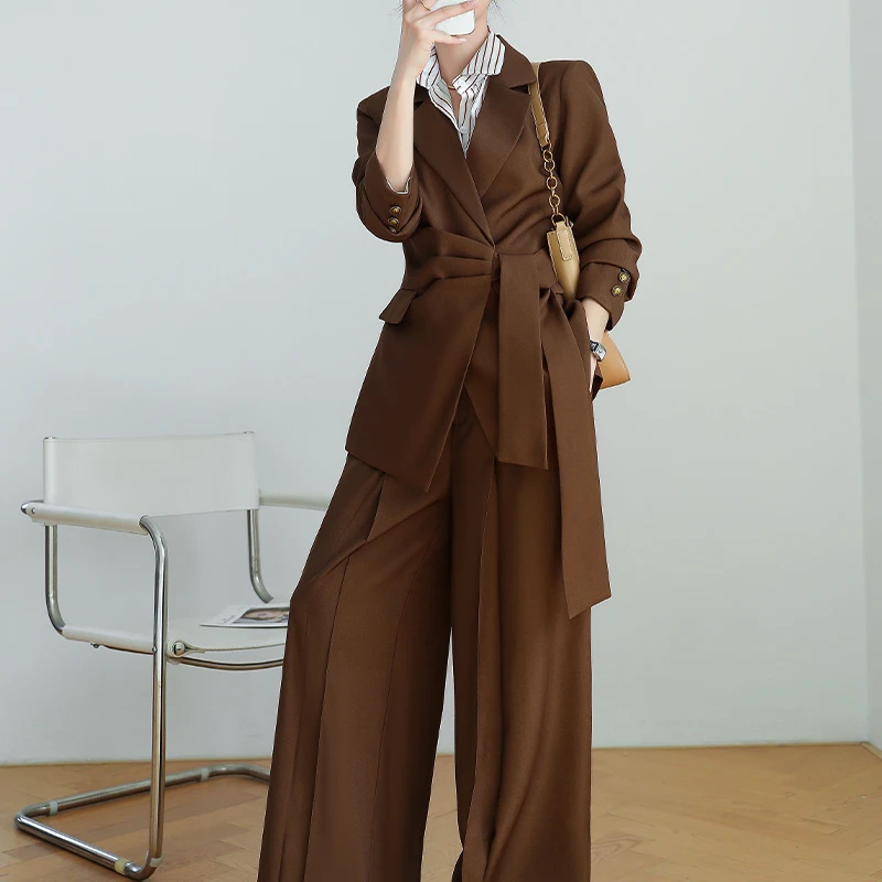 胖mm高级感系带西装阔腿裤两件套2025秋季新款韩版气质通勤套装女