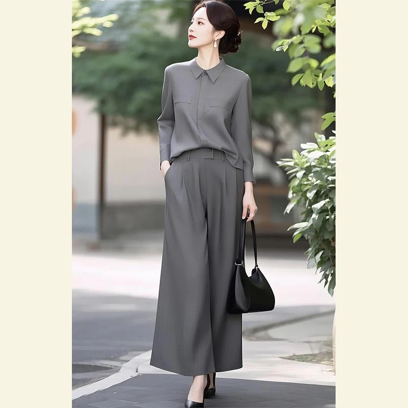 开春穿搭一整套轻奢高级感干练气质气场强大灰色衬衫套装西装裤女