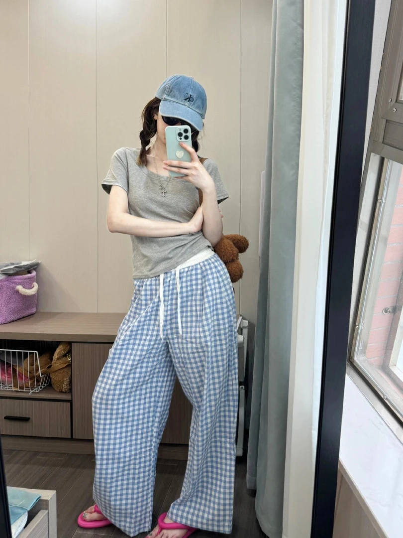 裤长112cm 高个子加长175蓝白格子休闲遛弯裤女春夏多巴胺阔腿裤