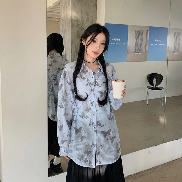 【吵吵小情绪】蓝色蝴蝶印花长袖衬衫女设计感44472