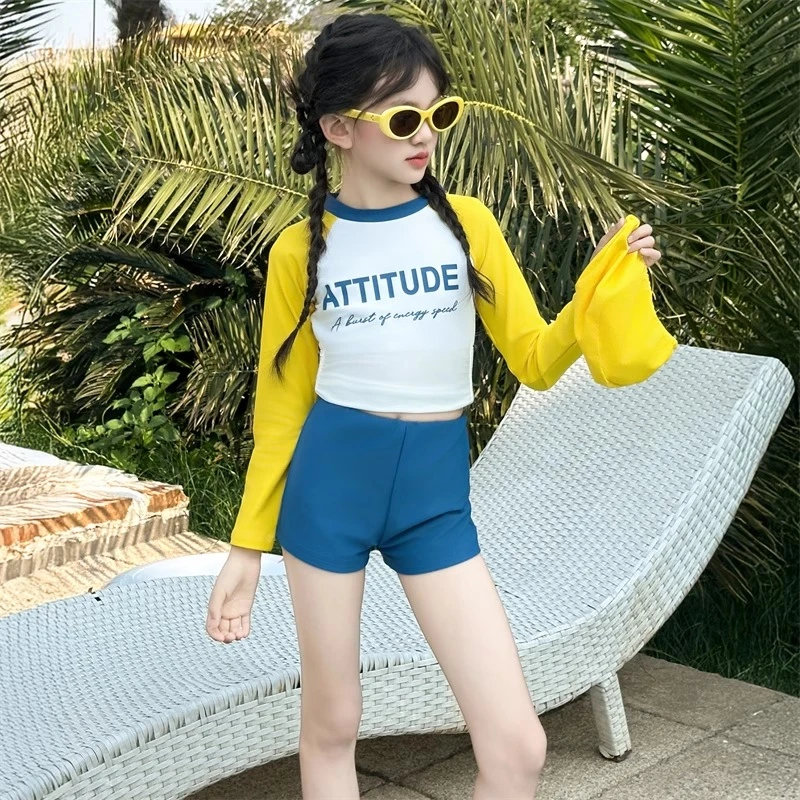 女童泳衣2025新款儿童分体高颜值泳装大童女孩网红长袖防晒游泳衣