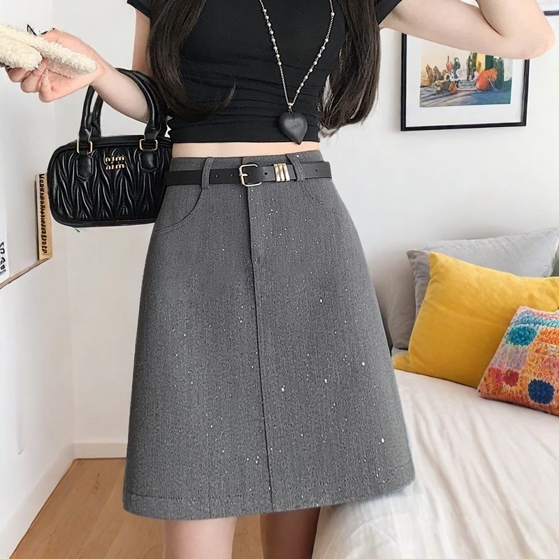 口袋亮片半身裙中裙春夏新款高腰显瘦大码高个子西装A字包臀短裙