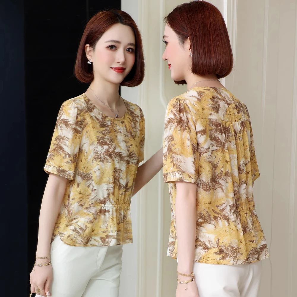 杭州短袖上衣女2025夏季新款圆领洋气百搭减龄妈妈装桑蚕丝衬衫