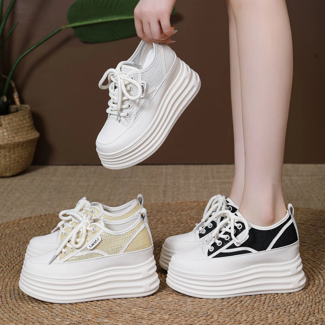 【跟高8厘米】厚底内增高网面小白鞋女鞋2025春夏季新款透气小白鞋
