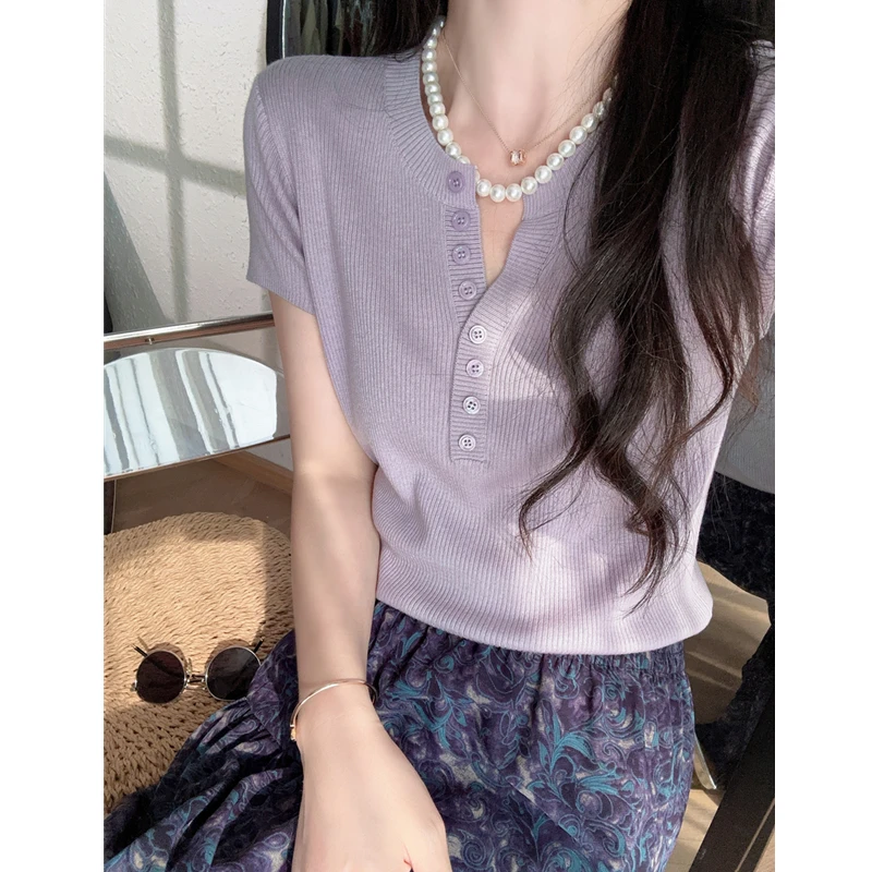 真丝羊毛！瘦瘦针织T！单排扣半开襟细坑条圆领短袖上衣女夏新